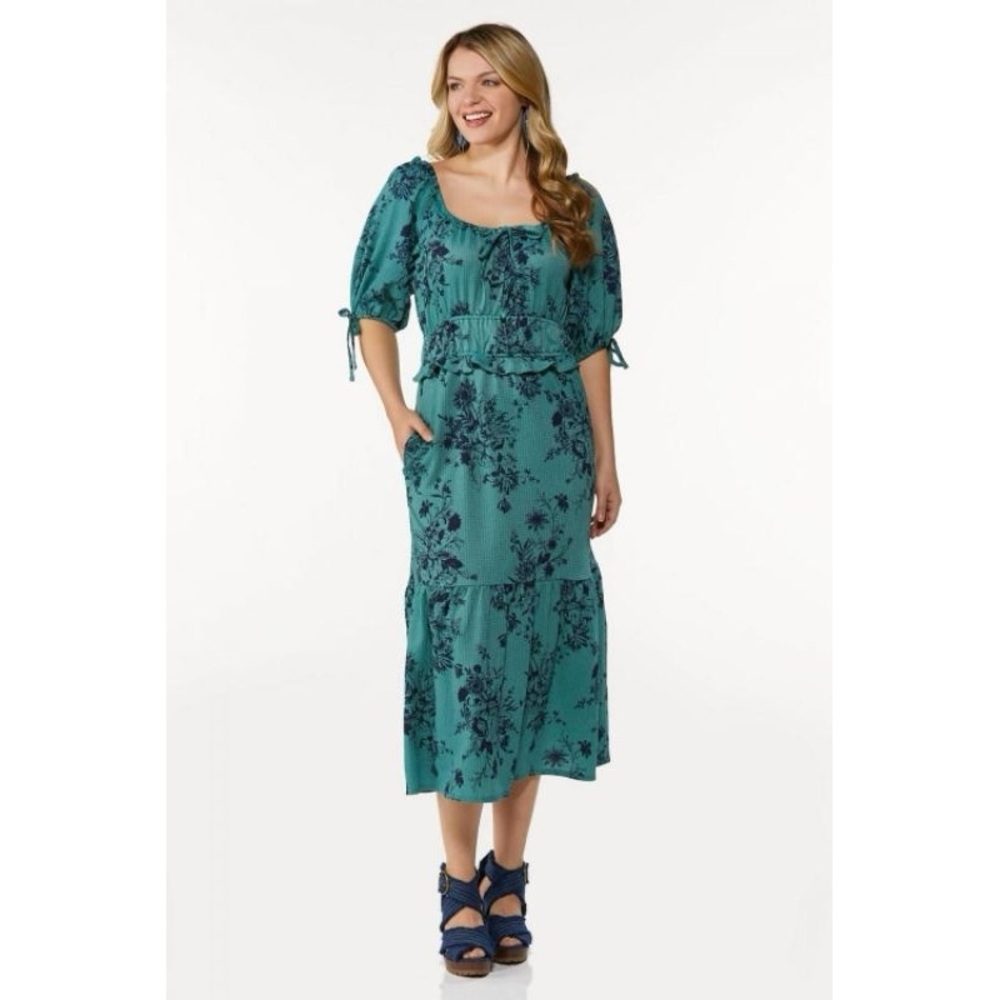 Cato Floral short puff sleeve green and black tiered peasant Dress with pockets